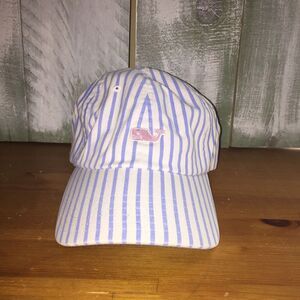 Vineyard Vines Blue Strapback Buckle Striped Whale Pink Logo Baseball Hat Cap